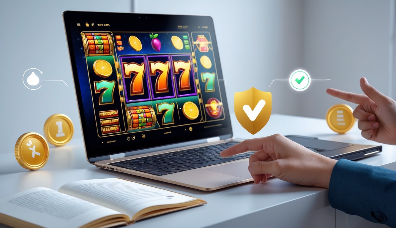 Seseorang menggunakan komputer dengan tampilan permainan slot online berwarna-warni, di sekitar terdapat elemen yang menunjukkan panduan dan keamanan.
