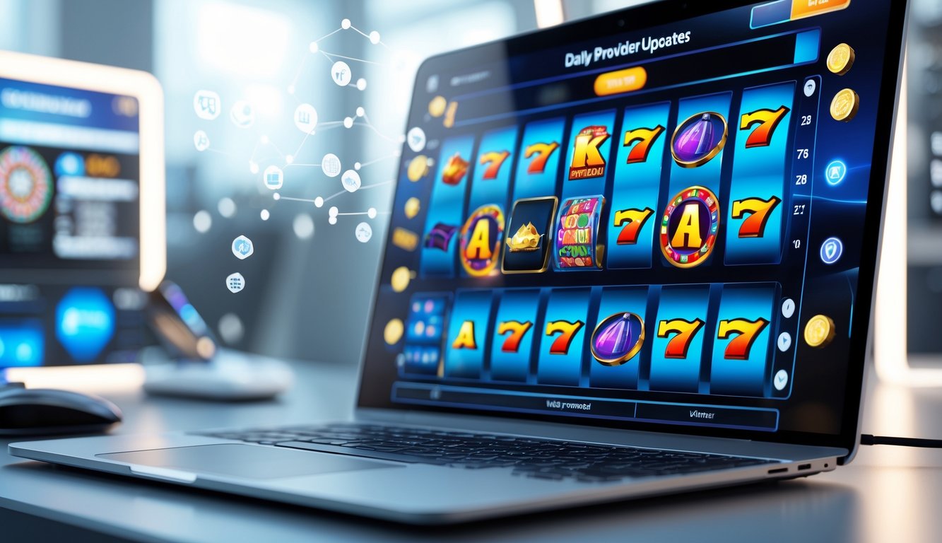 Layar komputer menampilkan permainan slot online dengan ikon mesin slot berwarna-warni dan elemen digital di sekitarnya yang menggambarkan pembaruan harian dari penyedia.
