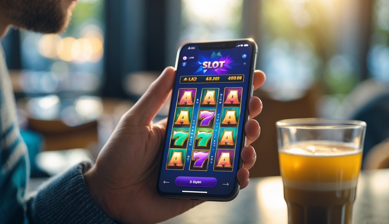 Seseorang memegang ponsel yang menampilkan permainan slot online yang berwarna-warni di layar.