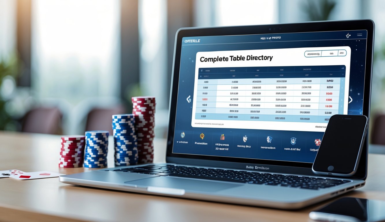 Sebuah laptop dengan tampilan meja poker lengkap di layar, ditemani chip poker dan kartu di meja kerja yang rapi.