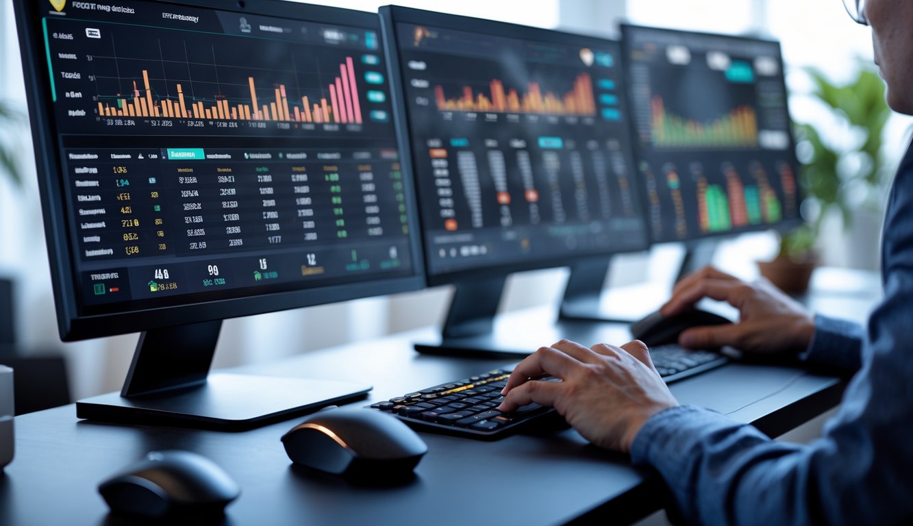 Seseorang menggunakan komputer dengan layar yang menampilkan data turnamen poker online terbaru.