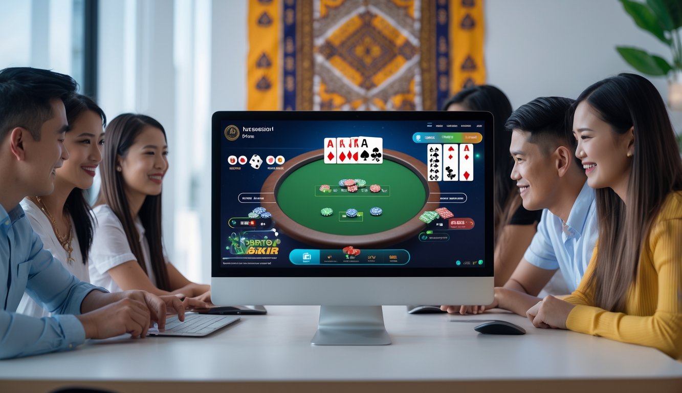 Beberapa orang muda sedang bermain poker online di depan komputer dengan suasana ruangan yang terang dan modern.