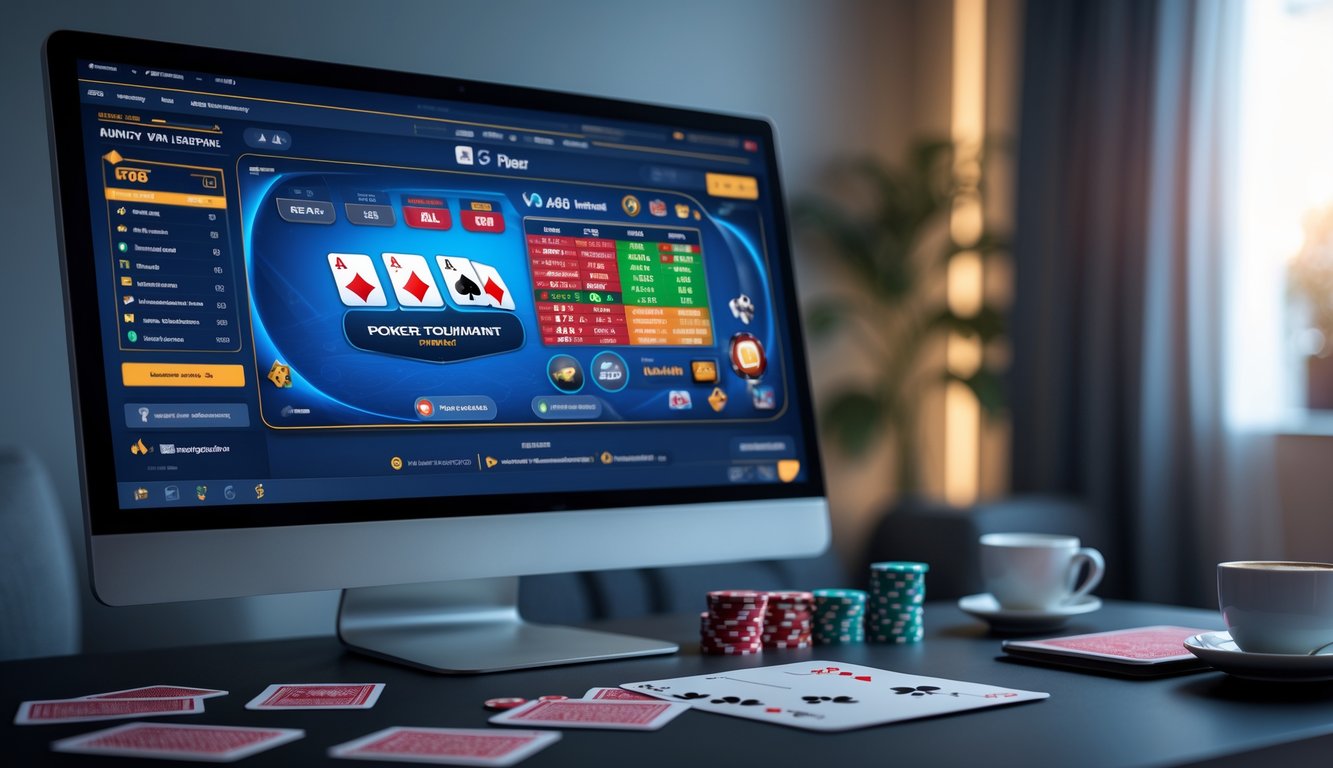 Seseorang bermain poker online di depan komputer dengan informasi turnamen real time di layar.