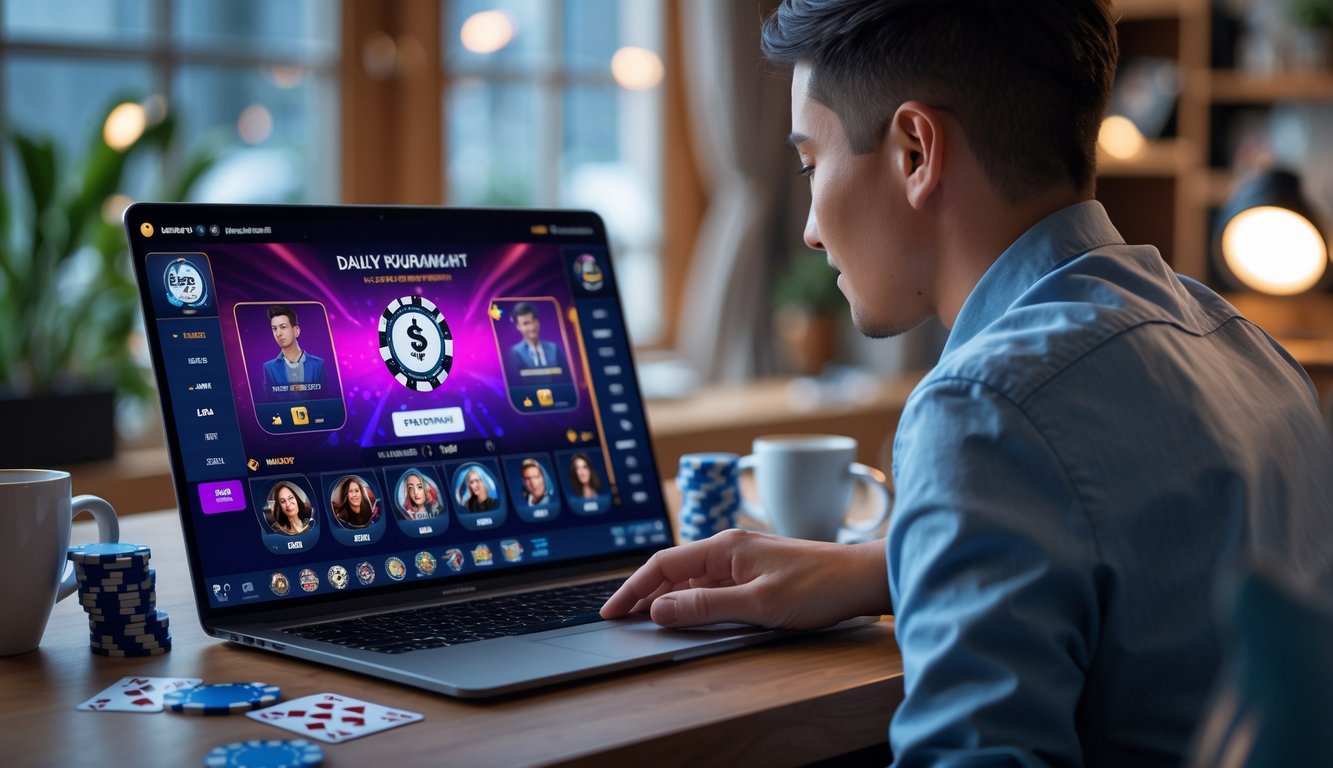 Seseorang bermain poker online di depan komputer dengan chip poker dan kartu di meja.