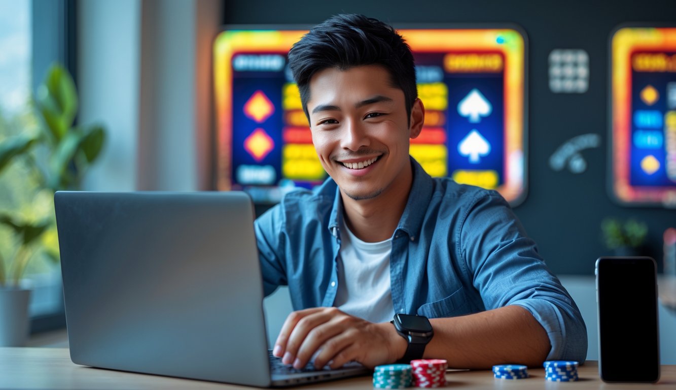 Seorang dewasa muda bermain poker online menggunakan laptop dan smartphone di ruangan modern.
