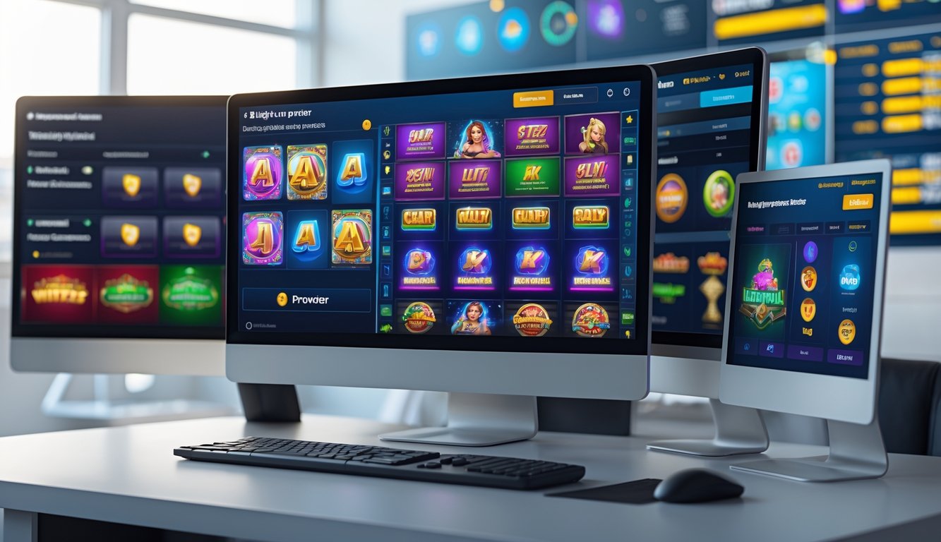 Sebuah ruang kantor modern dengan komputer menampilkan layar permainan slot online yang berwarna-warni dan informasi penyedia lengkap.