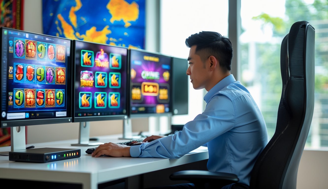 Seorang pria muda duduk di meja kerja dengan beberapa monitor menampilkan permainan slot online yang berwarna-warni, di ruangan dengan pencahayaan alami dan dekorasi tradisional Indonesia.