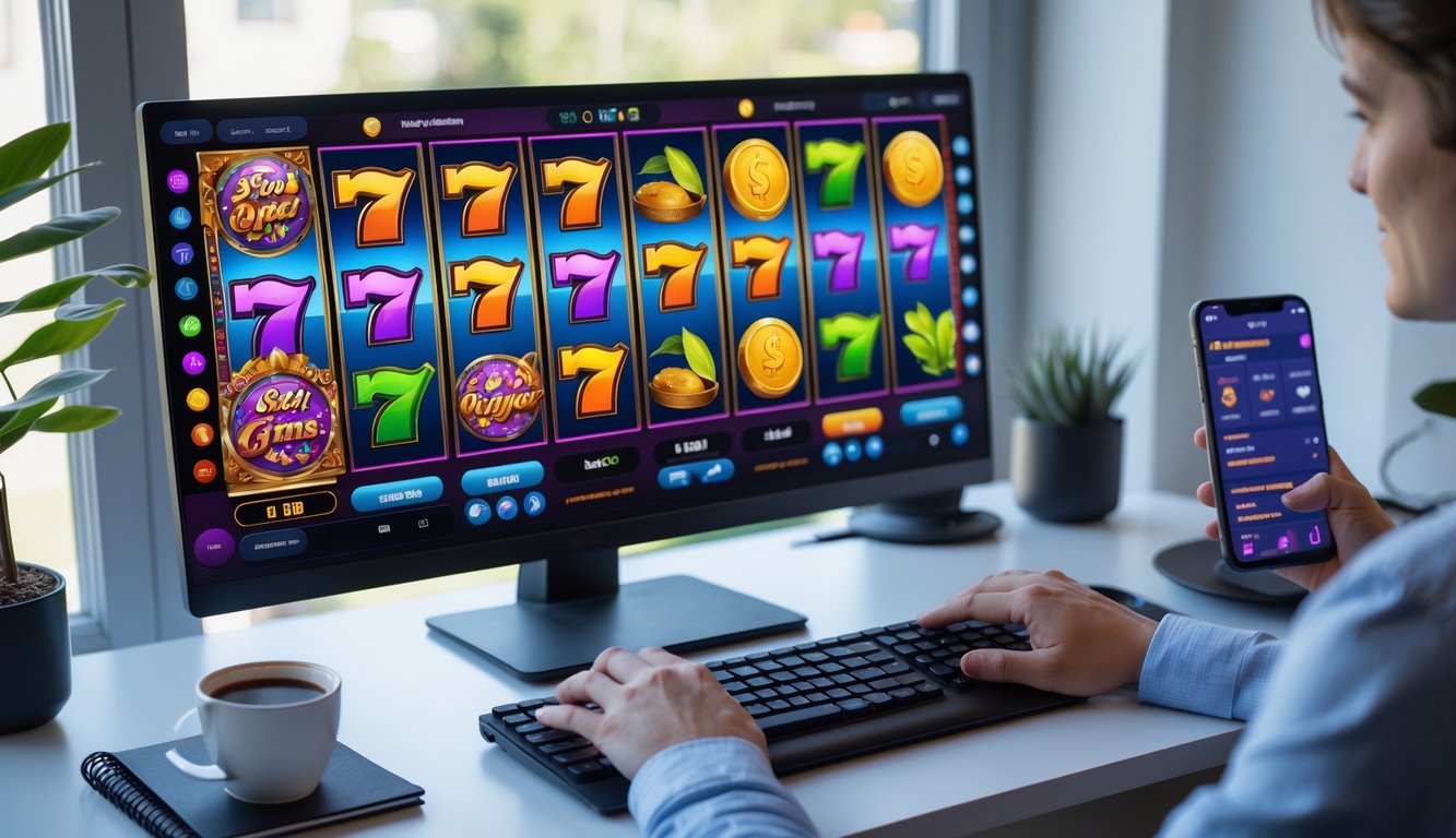 Seseorang bermain permainan slot online di komputer di ruang kerja rumah yang rapi dan terang.