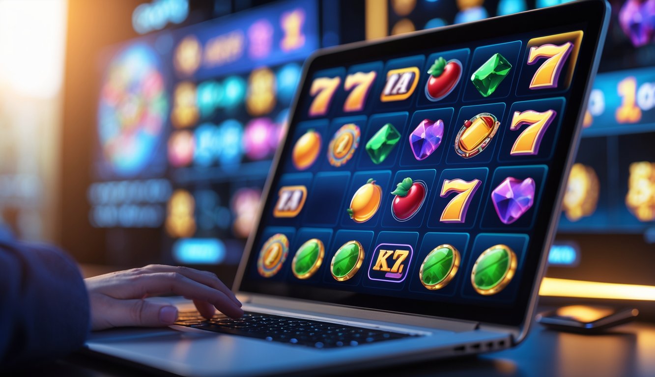 Seseorang menggunakan komputer yang menampilkan permainan slot online dengan berbagai ikon permainan di layar.