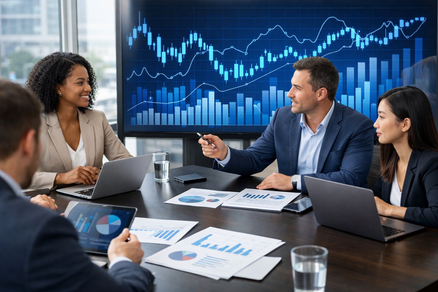 Des professionnels en réunion autour d'une table de conférence avec des graphiques financiers affichés sur un écran en arrière-plan.
