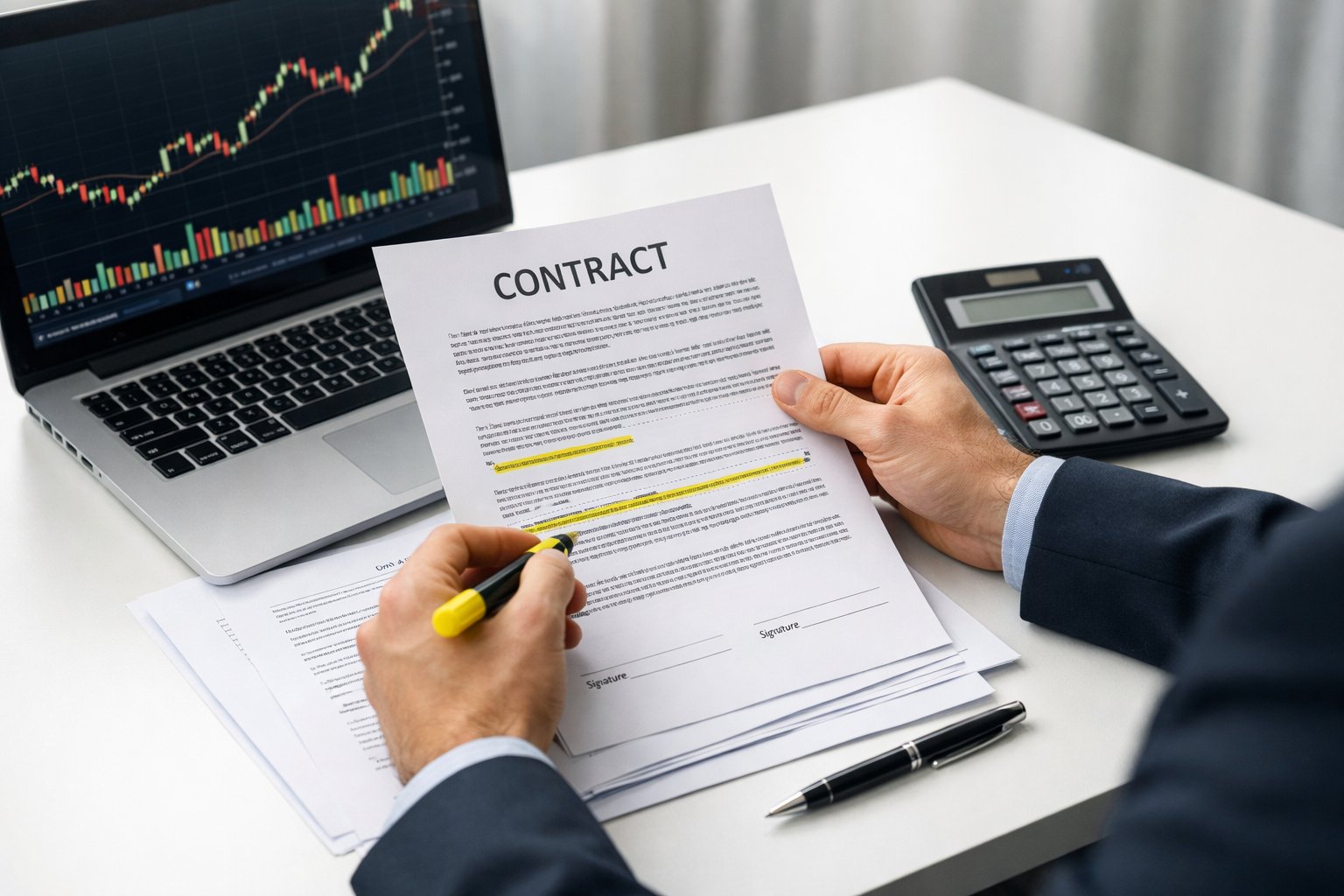 Une personne en train de réviser attentivement un contrat dans un bureau moderne avec un ordinateur et des documents sur le bureau.
