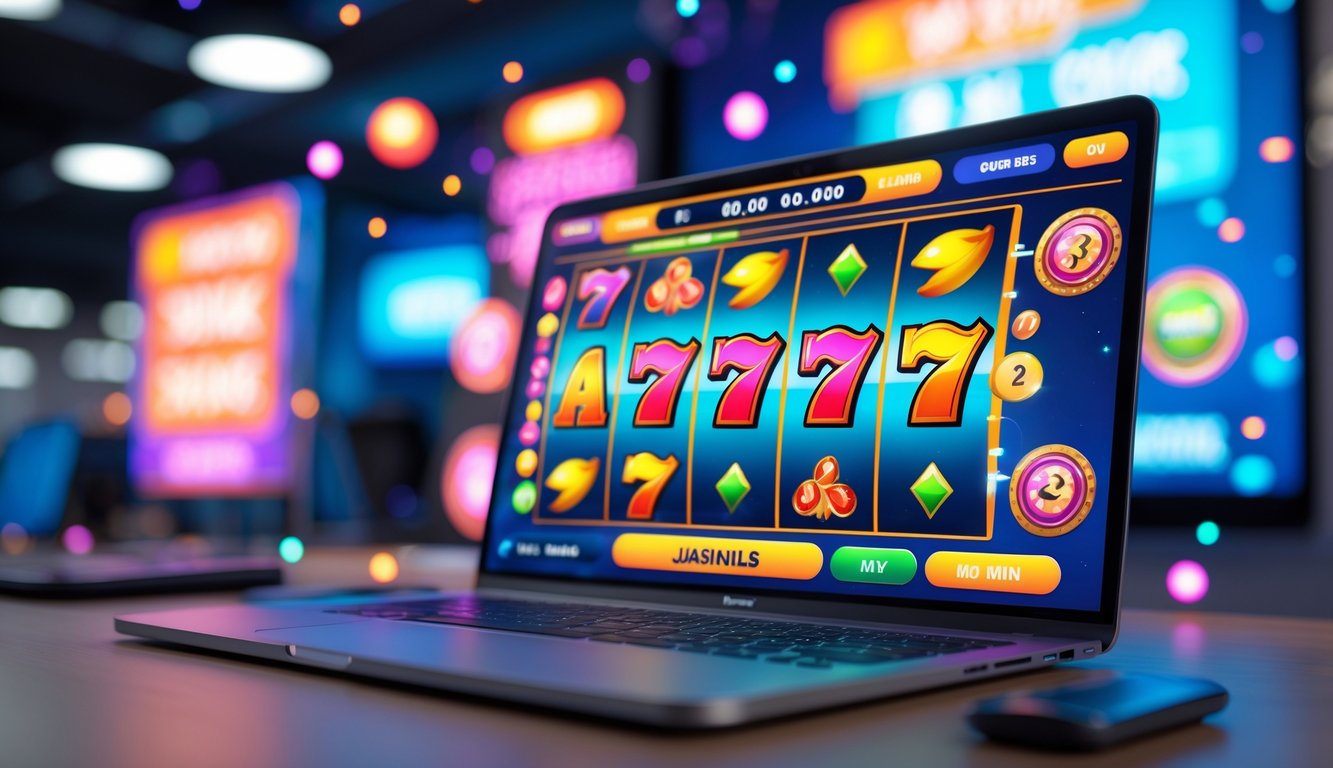 Sebuah layar komputer menampilkan permainan slot online dengan simbol berwarna-warni di lingkungan kerja modern yang bersih dan terang.