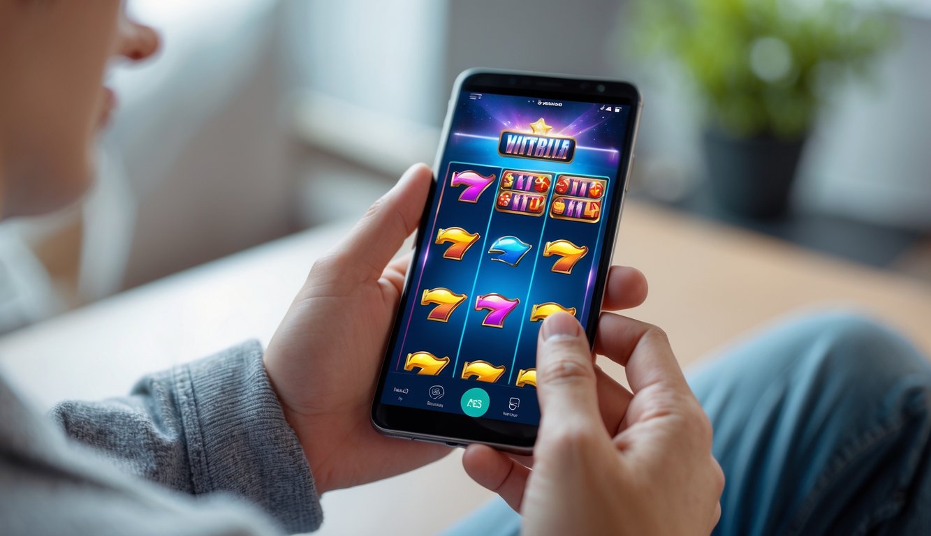 Seseorang memegang ponsel yang menampilkan permainan slot online dengan latar belakang ruangan yang nyaman.