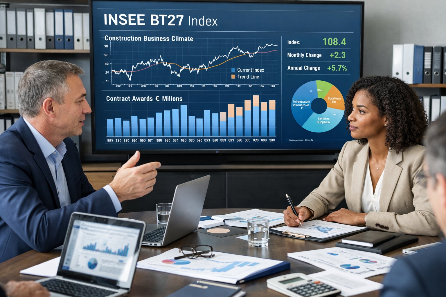 Des professionnels en réunion discutant devant un écran affichant des graphiques et des données économiques dans un bureau moderne.