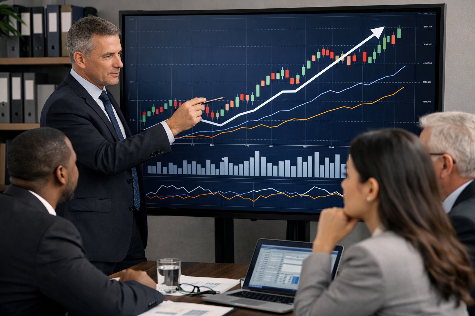 Un groupe de professionnels en réunion autour d'un écran affichant des graphiques économiques, analysant des données financières.