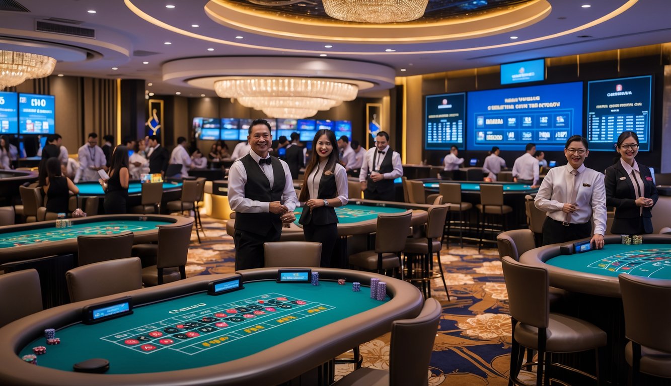 Suasana kasino langsung di Indonesia dengan meja permainan dan dealer yang ramah, serta layar digital menunjukkan statistik permainan secara real-time.