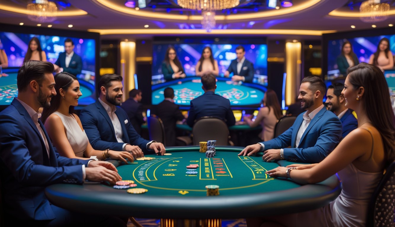 Suasana kasino langsung dengan pemain di meja permainan dan layar besar menampilkan dealer yang sedang membagikan kartu secara langsung.