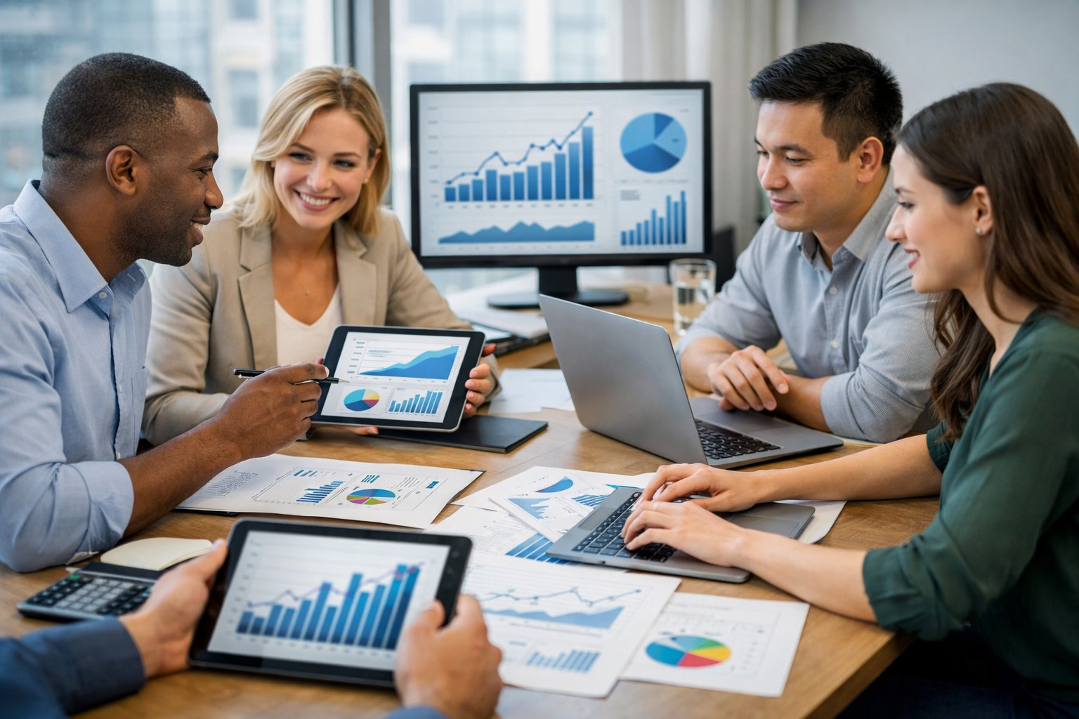 Un groupe de professionnels travaillant ensemble autour d'une table avec des ordinateurs portables et des documents, dans un bureau lumineux.