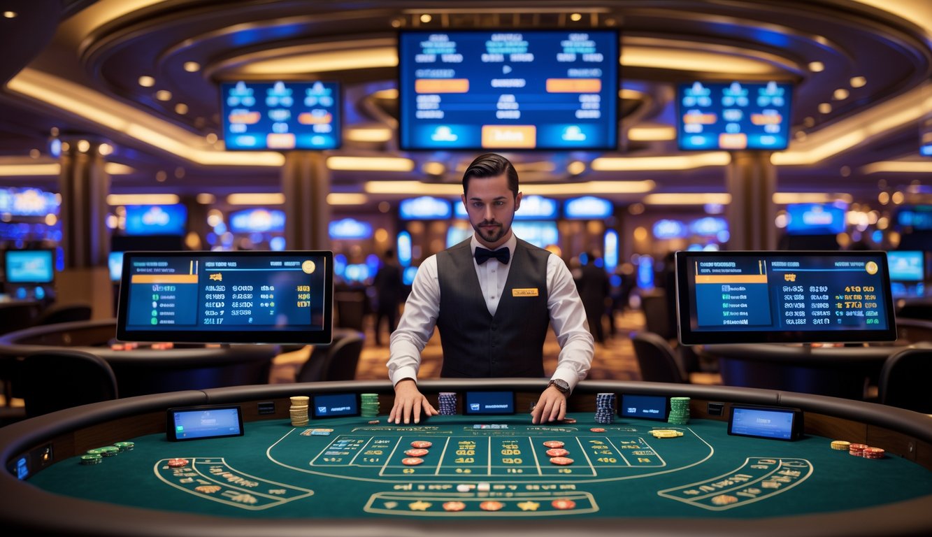 Suasana kasino langsung dengan meja permainan modern dan dealer yang sedang mengelola permainan, dikelilingi oleh pemain yang fokus pada meja.
