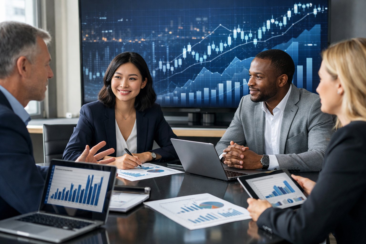 Des professionnels en réunion dans un bureau moderne, analysant des graphiques et des données économiques sur des écrans et des documents.