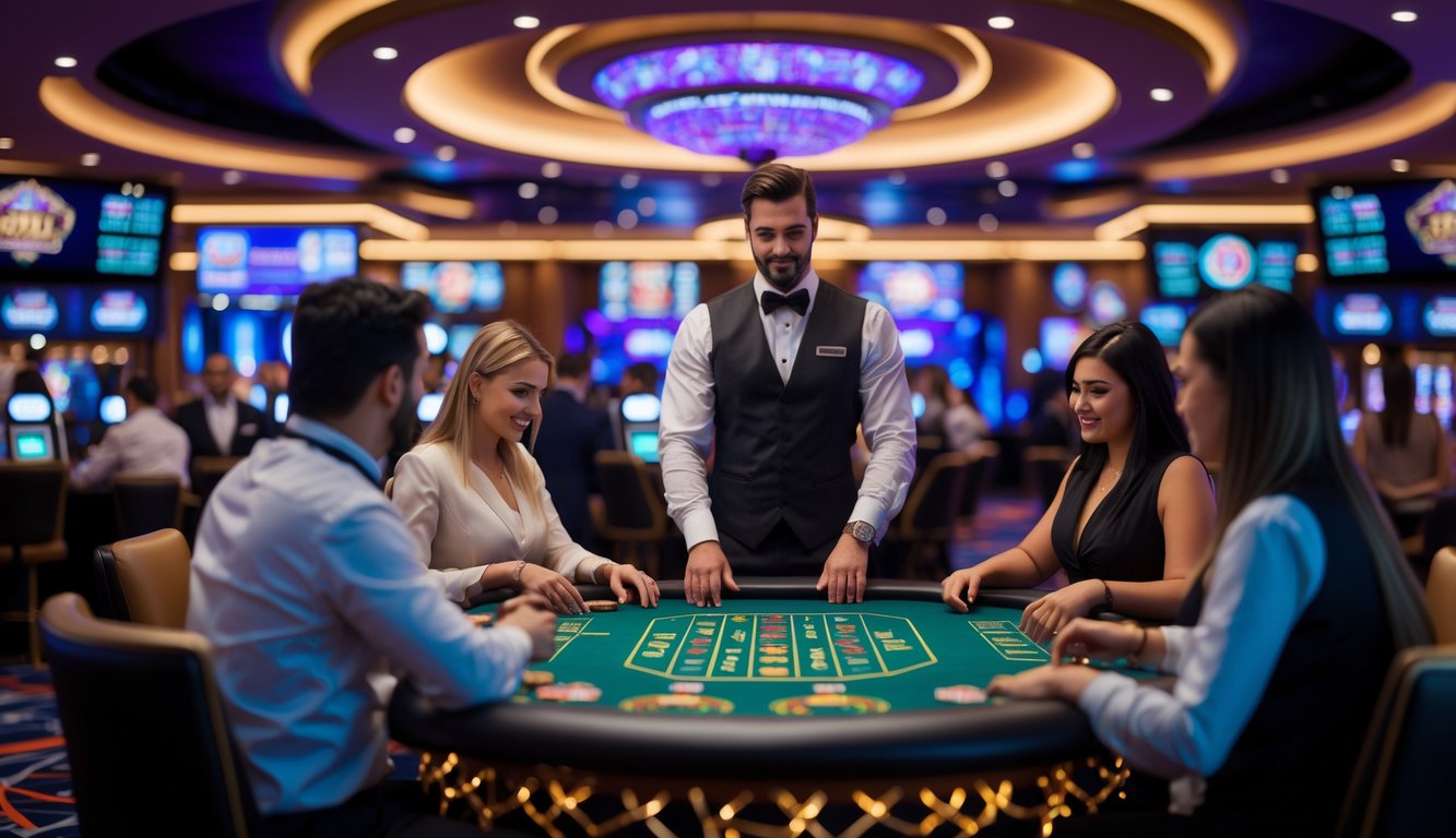 Suasana kasino langsung dengan dealer dan pemain yang sedang bermain di meja kasino modern.