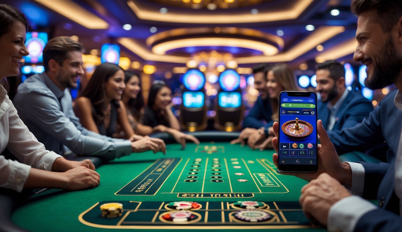 Suasana kasino langsung dengan pemain menggunakan ponsel untuk bermain game kasino secara mobile.