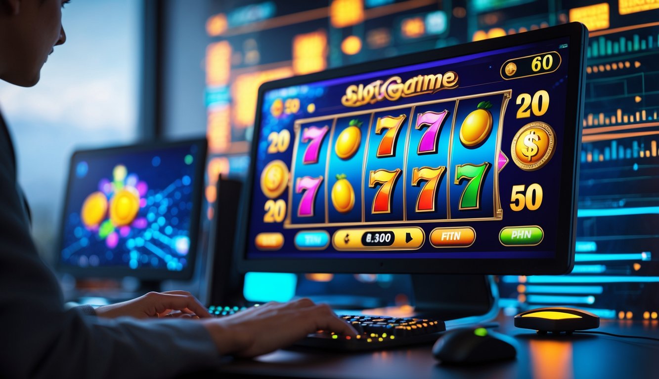 Sebuah meja kerja modern dengan monitor menampilkan permainan slot online yang berwarna-warni dan tangan seseorang sedang menggunakan mouse dan keyboard.