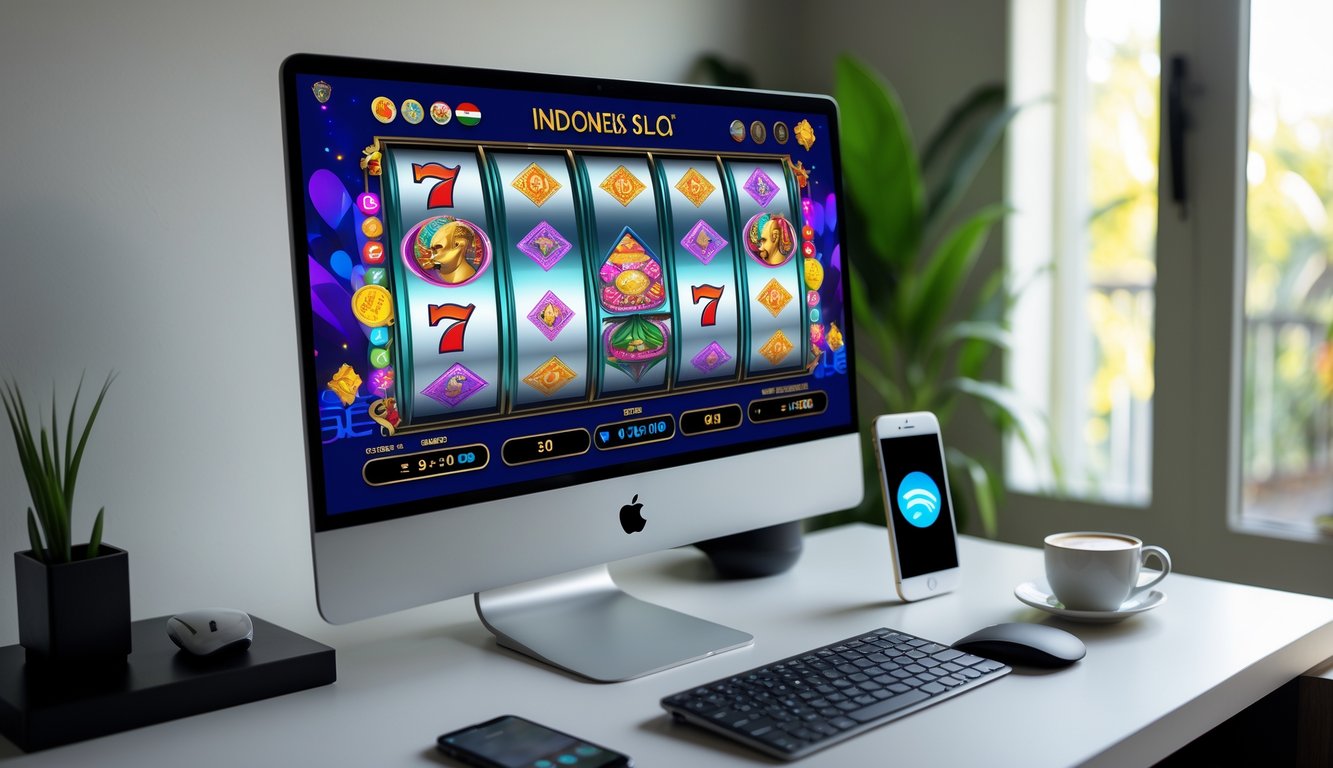 Seseorang menggunakan komputer dengan permainan slot online di layar, di meja kerja yang rapi dengan ponsel dan cangkir kopi.