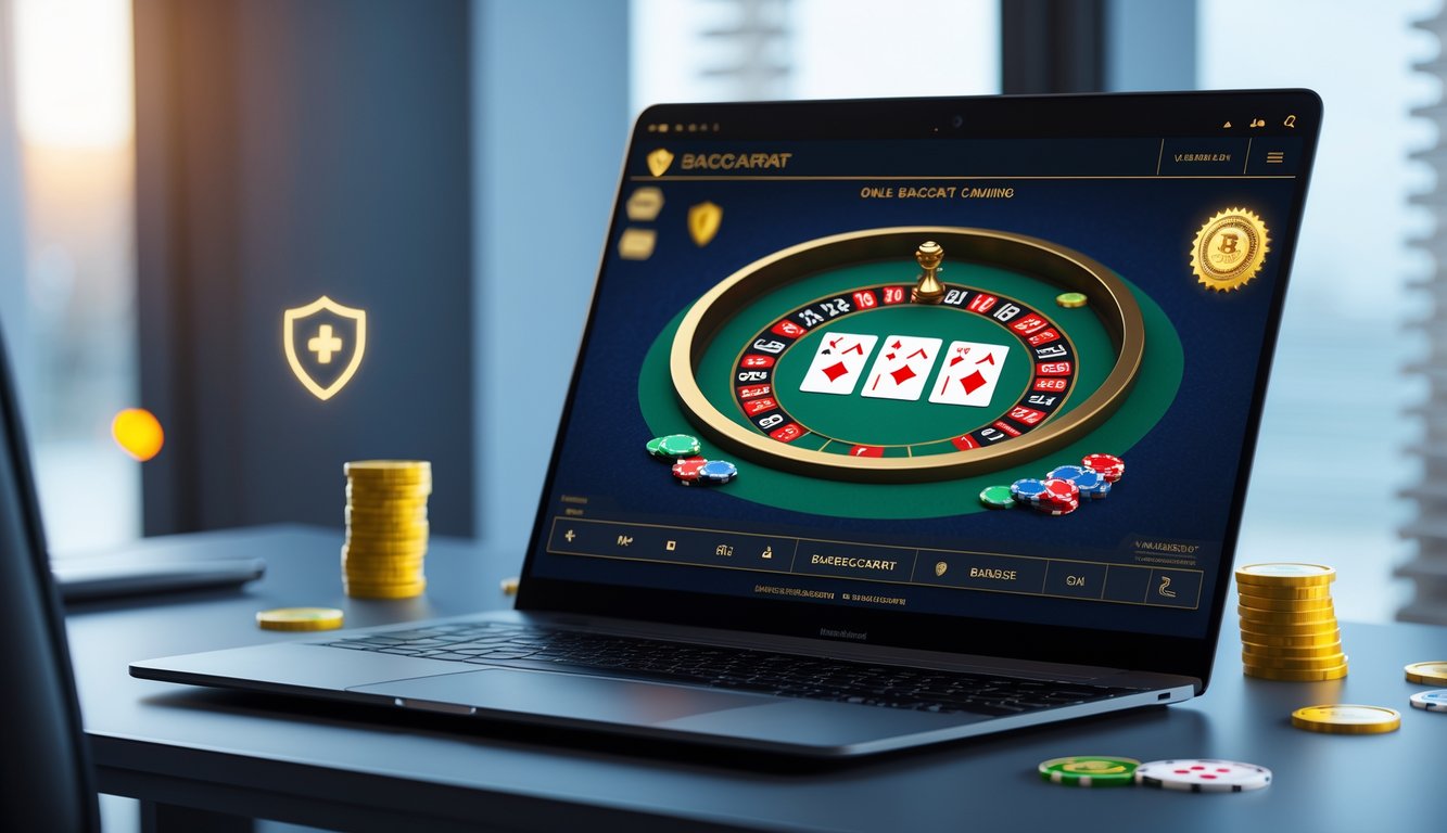 Sebuah meja permainan baccarat online yang modern dengan layar komputer menampilkan kartu dan chip, di lingkungan yang bersih dan profesional.