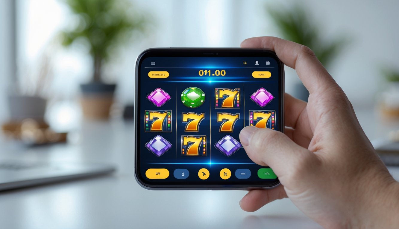 Seseorang memegang ponsel yang menampilkan permainan slot online dengan latar belakang ruangan yang nyaman.