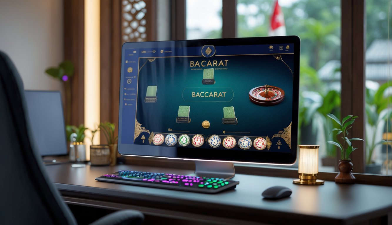 Seorang pengguna sedang bermain Baccarat online di depan komputer dengan latar belakang elemen budaya Indonesia.