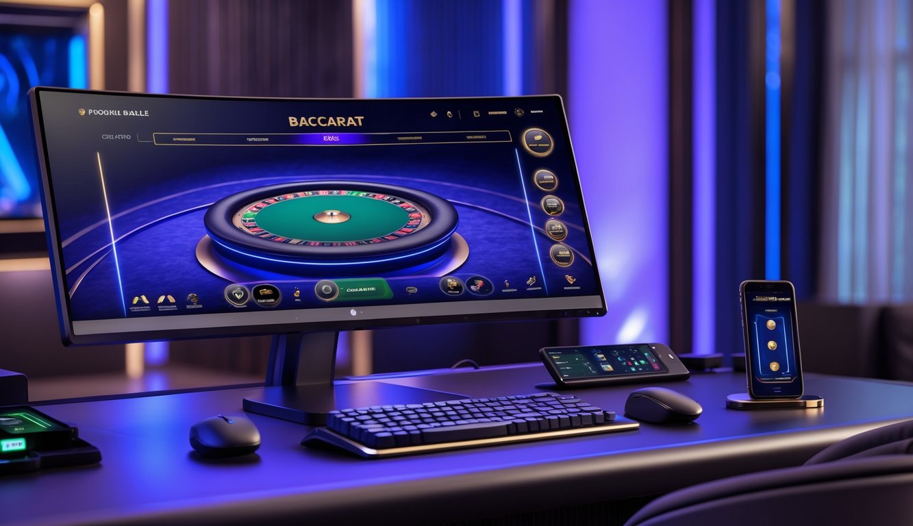 Meja baccarat digital modern dengan layar komputer besar di ruangan berlampu lembut dan aksesori permainan di meja.