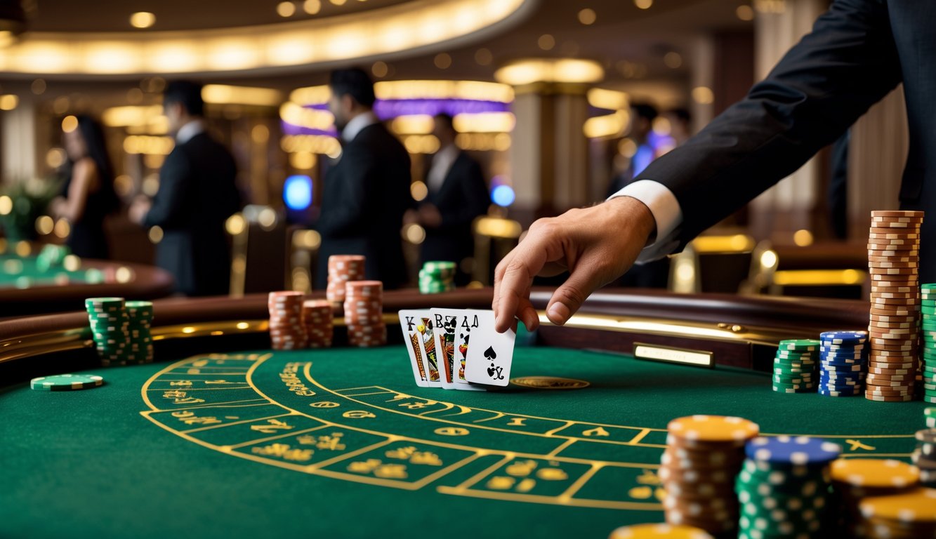 Meja baccarat dengan kartu dan chip di kasino mewah dengan dealer dan pemain di latar belakang.