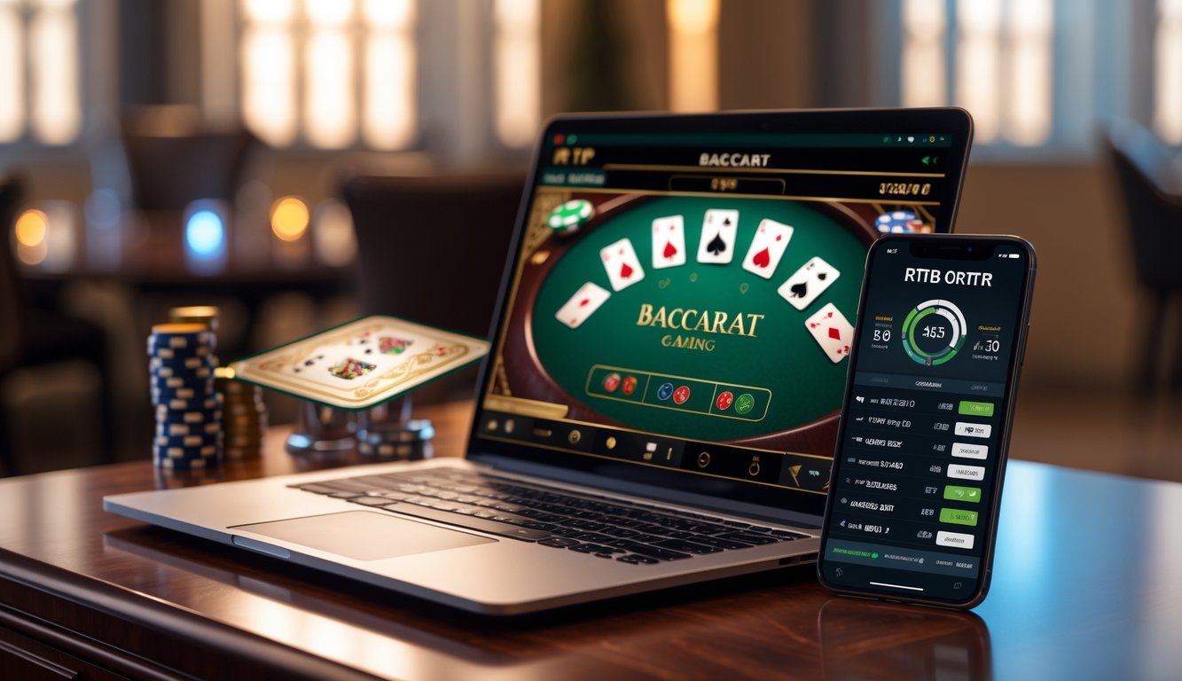 Sebuah laptop dan ponsel menampilkan permainan baccarat online dengan data RTP real time di atas meja kayu.