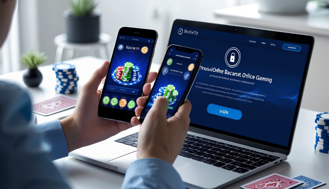 Seseorang menggunakan smartphone dan laptop di meja kerja yang rapi, menampilkan permainan baccarat online yang mudah diakses melalui perangkat mobile.
