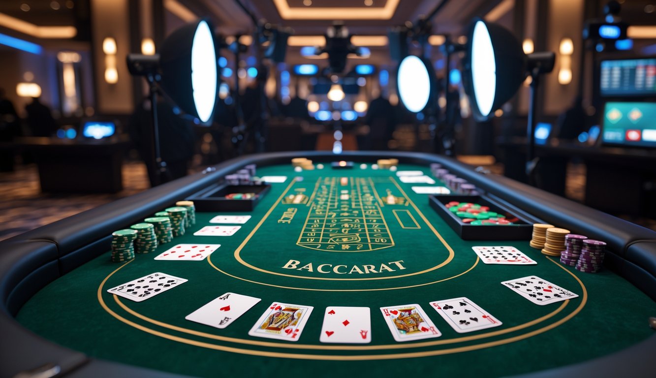 Meja baccarat dengan kartu dan kamera streaming HD di lingkungan kasino yang mewah.