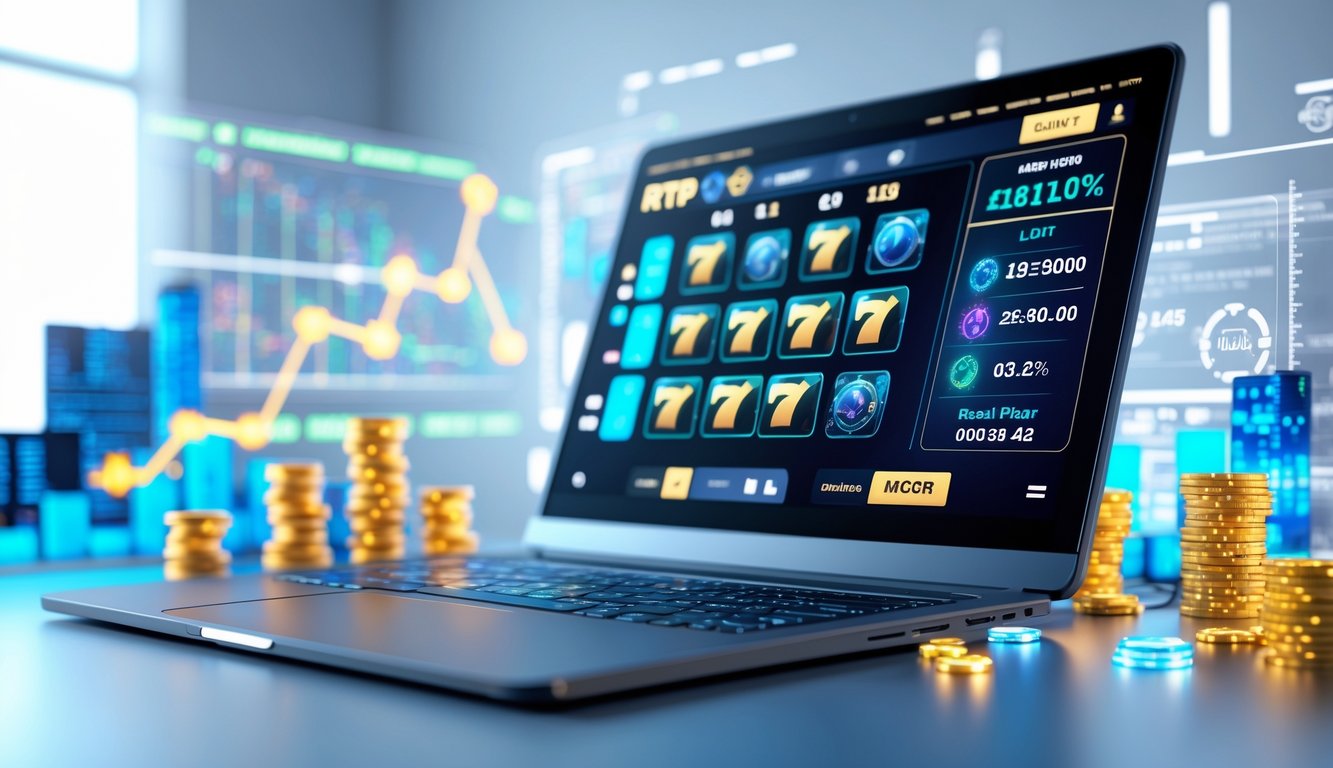 Sebuah layar komputer menampilkan permainan slot online dengan informasi statistik RTP secara real-time dan elemen teknologi di sekitarnya.