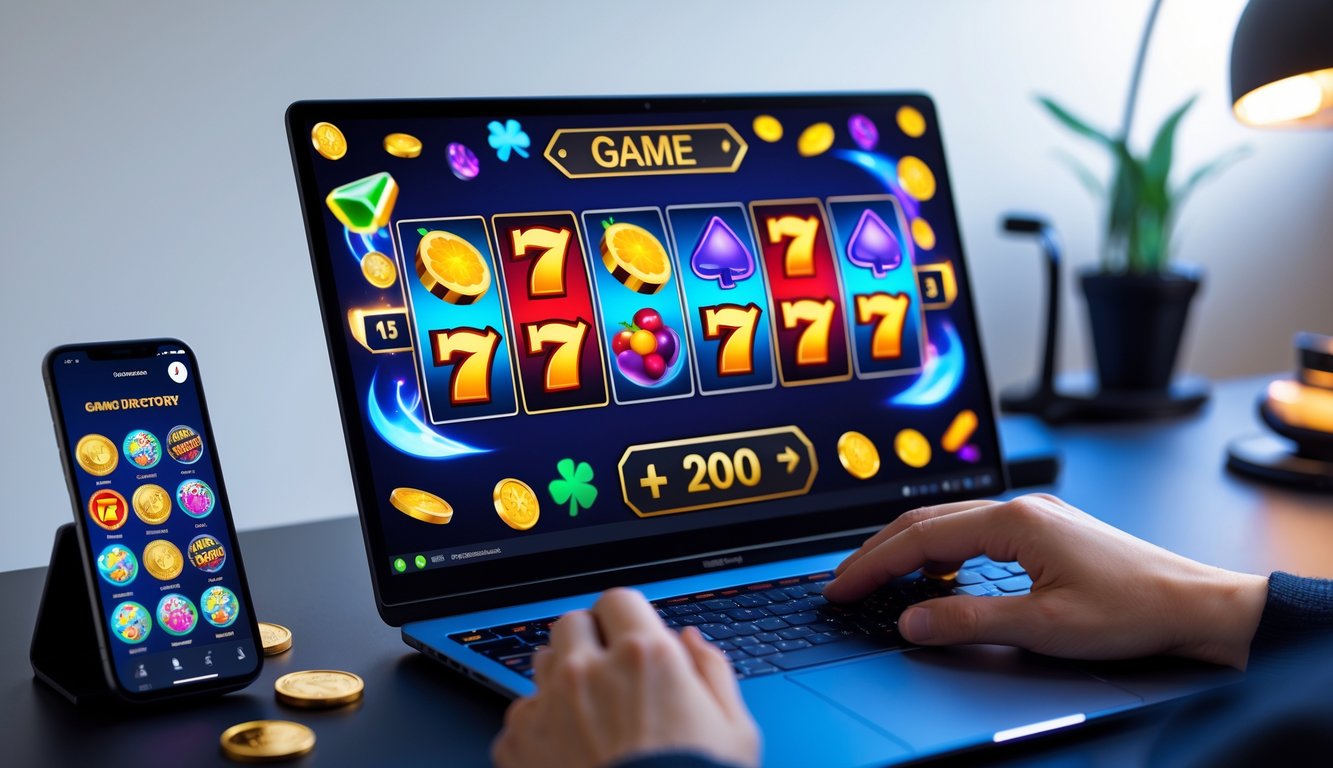 Seseorang menggunakan komputer dan ponsel untuk bermain dan menjelajahi permainan slot online terbaru.