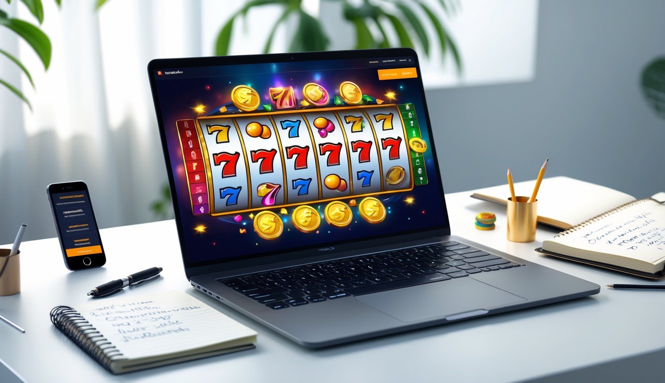 Seorang pengguna sedang bermain mesin slot online di komputer dengan buku catatan dan ponsel di meja sebagai panduan.