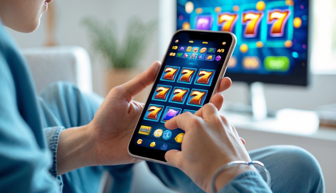 Seseorang menggunakan ponsel pintar untuk bermain permainan slot online di rumah.