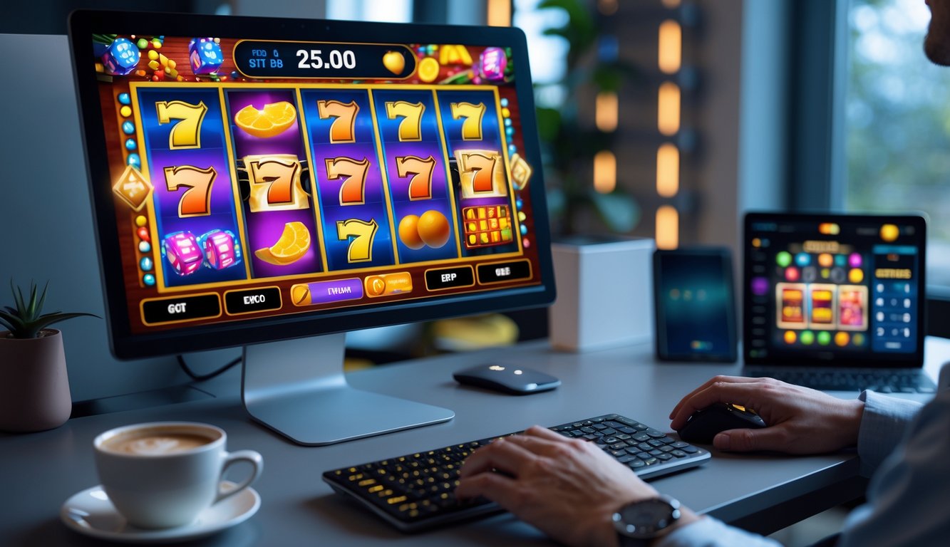 Seseorang sedang bermain permainan slot online di komputer dengan suasana ruangan yang nyaman dan pencahayaan hangat.