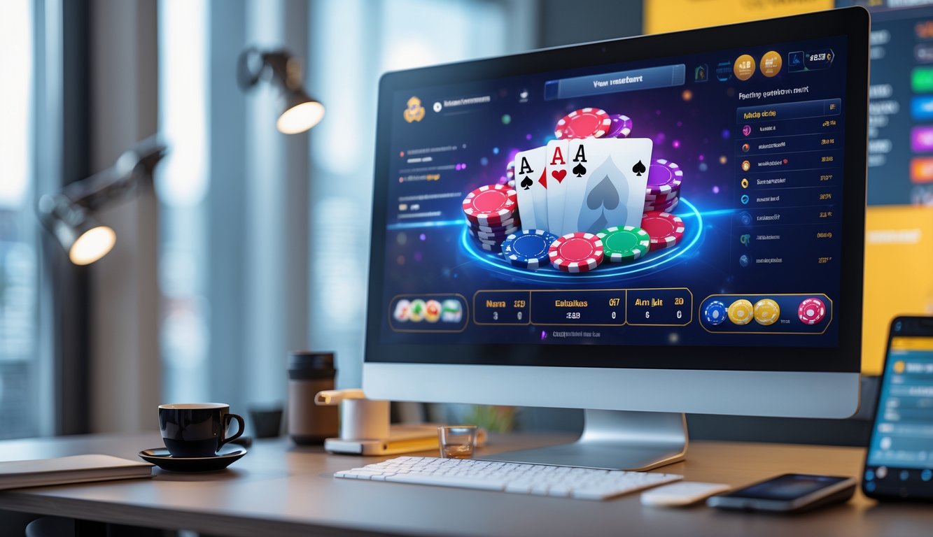 Sebuah meja kerja dengan komputer yang menampilkan permainan poker online dan papan peringkat turnamen digital.