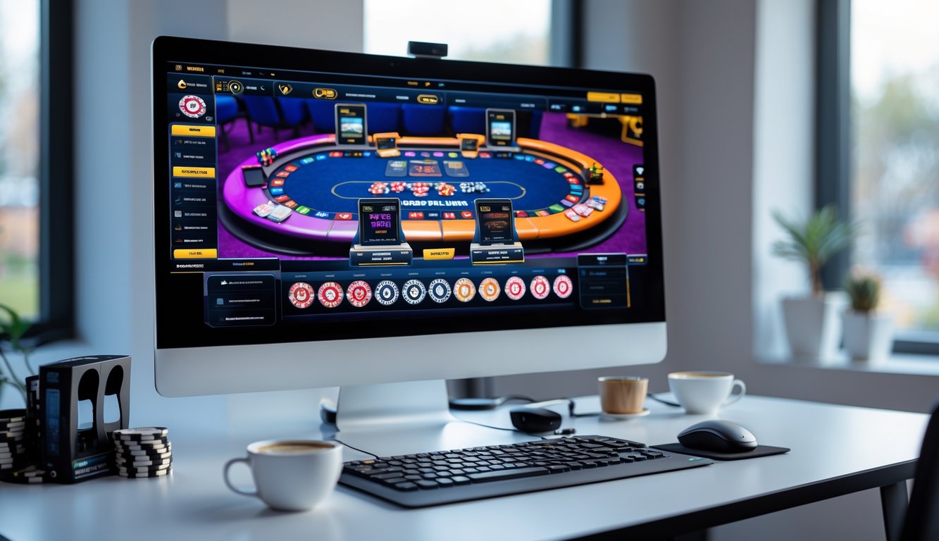 Sebuah meja kerja modern dengan monitor menampilkan meja poker online yang penuh warna dan detail, dilengkapi dengan chip poker dan kartu di sekitar meja.