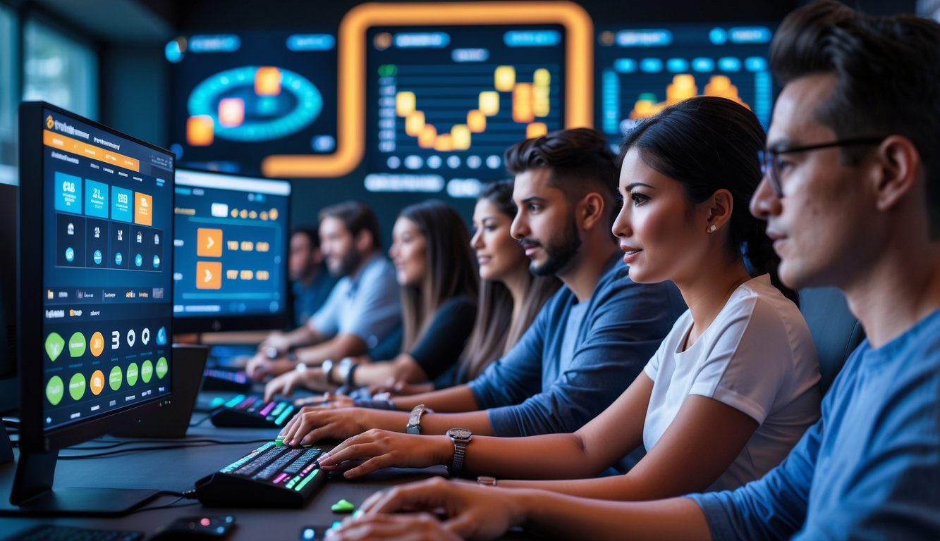 Beberapa orang bermain poker online dengan layar komputer yang menampilkan data turnamen secara real time.