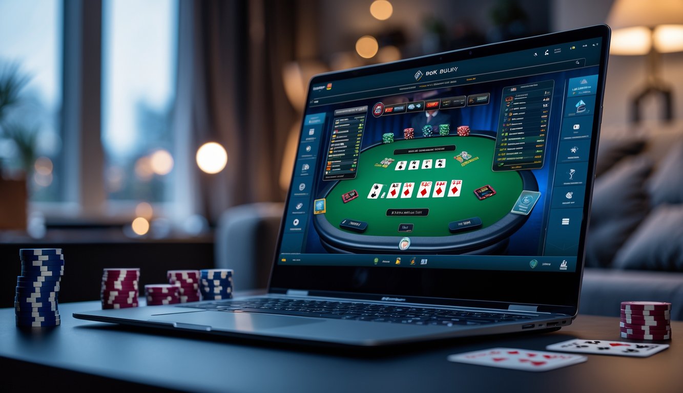 Sebuah layar komputer menampilkan permainan poker online dengan beberapa meja poker digital, di latar belakang ruangan gaming yang nyaman.