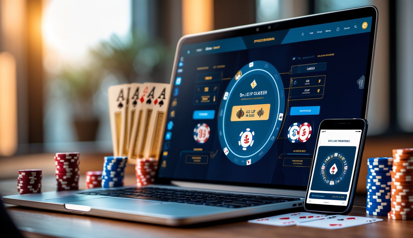 Meja kerja dengan laptop menampilkan permainan poker online, chip poker, kartu remi, dan ponsel yang menunjukkan panduan strategi.