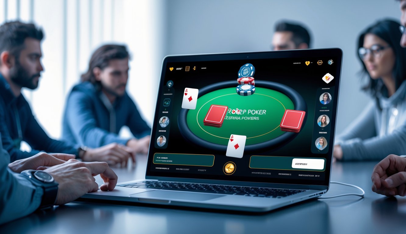 Suasana permainan poker online dengan komputer menampilkan kartu dan chip poker, menunjukkan lingkungan yang aman dan adil.