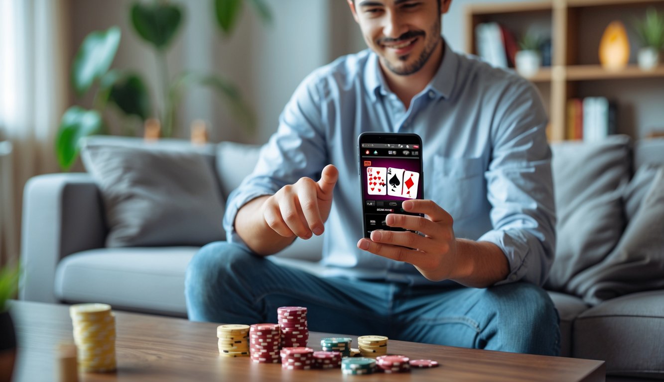 Seorang dewasa muda bermain poker menggunakan ponsel di ruang tamu modern yang nyaman.