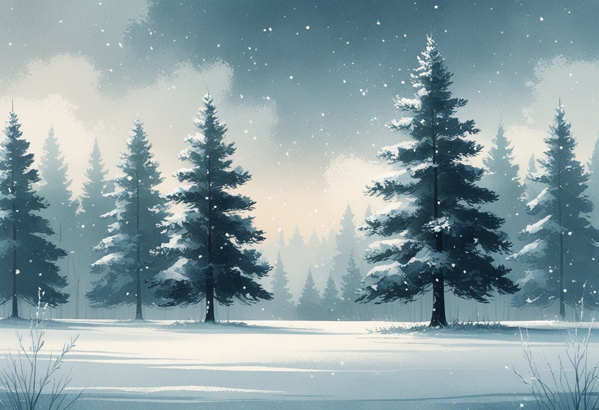 A peaceful snowy forest with pine trees and snow gently falling.