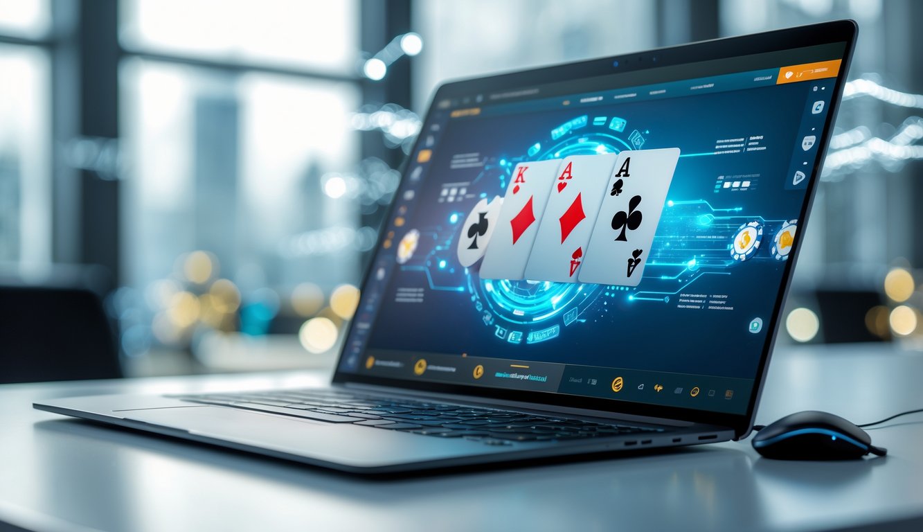 Seseorang sedang bermain poker online di depan komputer dengan tampilan permainan kartu dan chip poker yang jelas.